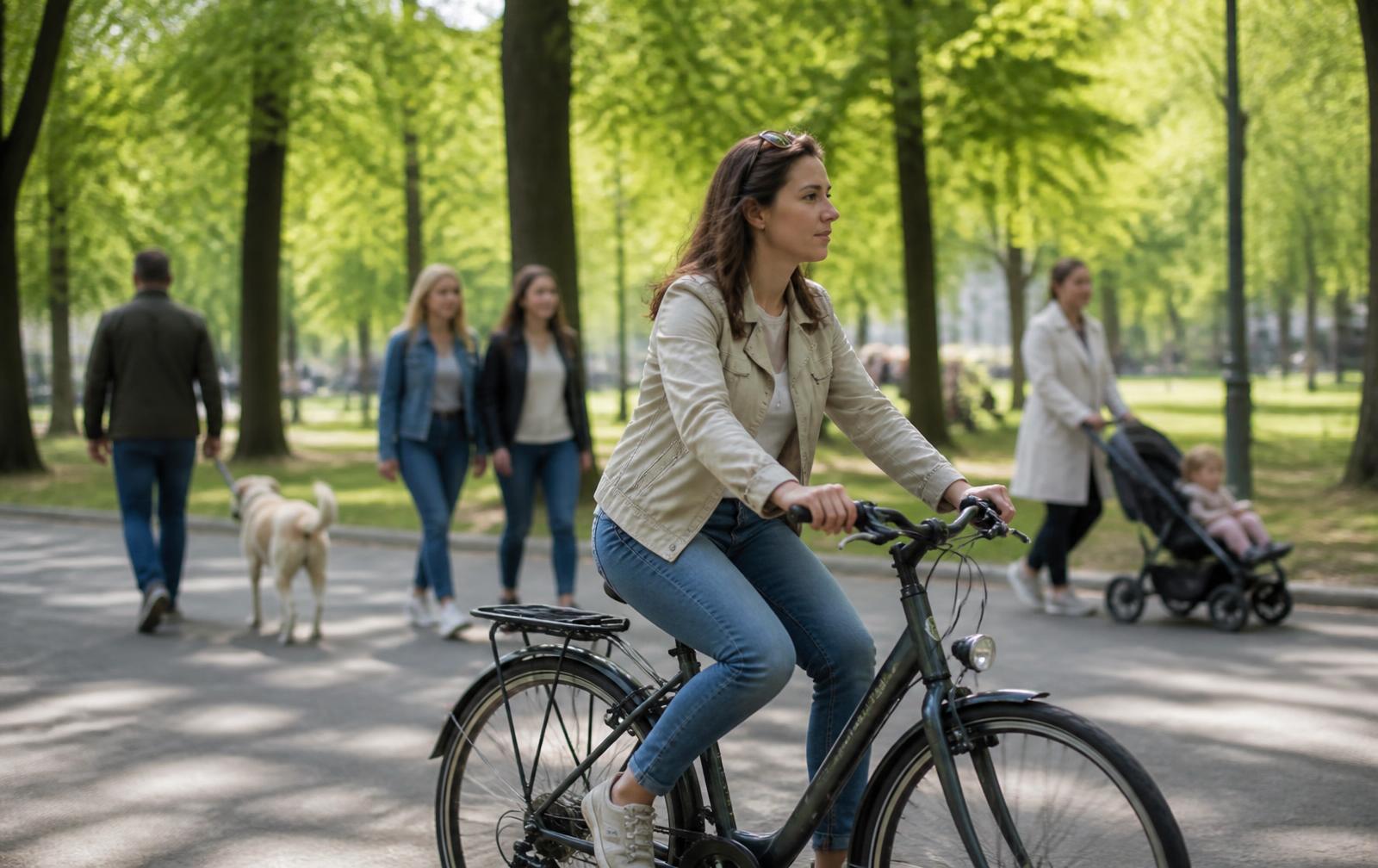 Eine Frau fährt mit dem Fahrrad durch einen grünen Park, während andere Menschen im Hintergrund unterwegs sind.