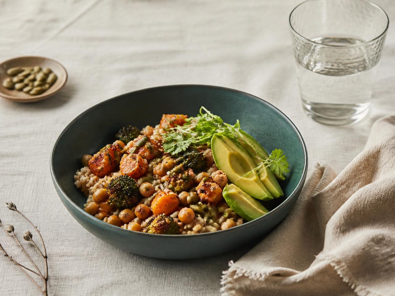 Pflanzliche Mahlzeit aus Gemüse, Hülsenfrüchten und Getreide auf einem Tisch im Alltag
